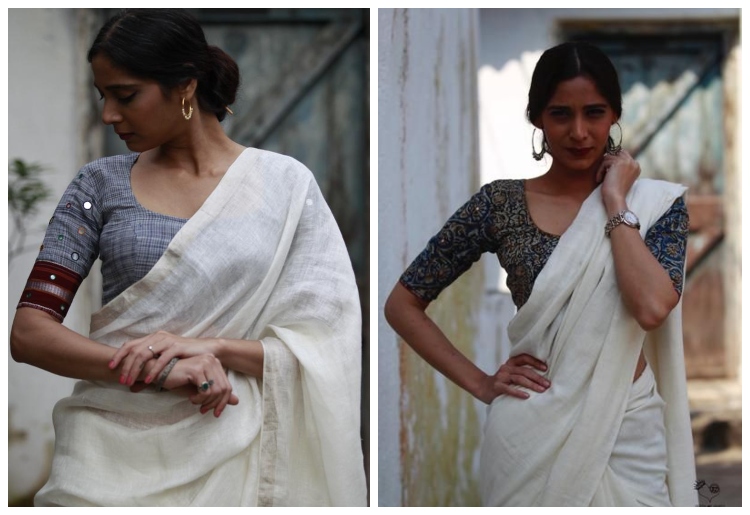 White with Blue Check Matka Silk Saree with a Stunning Silver Zari Bor –  Thearyavart