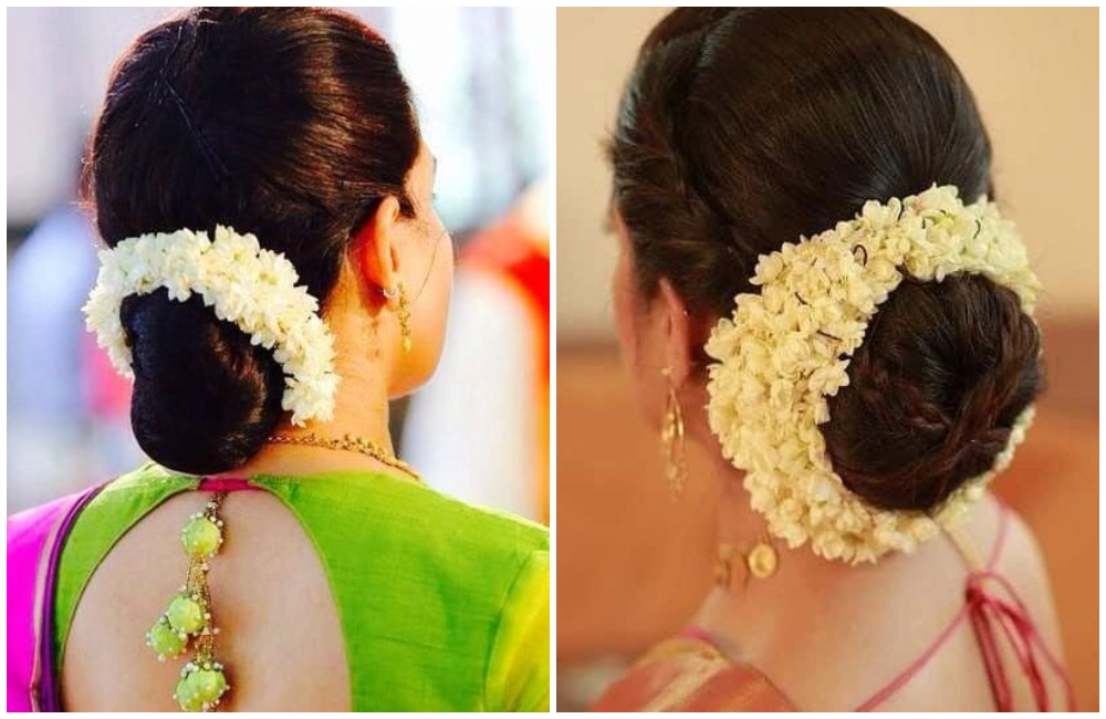 Indian Wedding Bun Hairstyle With Flowers and Gajra