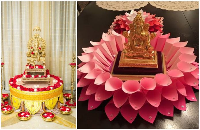 15 Simple And Creative Homemade Ganpati Decoration Ideas   5. Ganpati Decoration At Home In Lotus Theme 696x452 