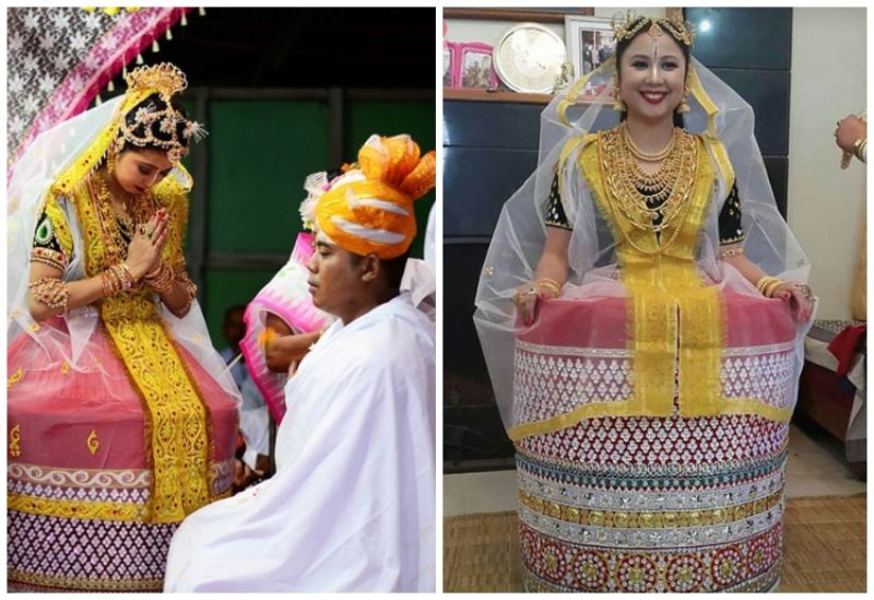 White-Red Manipuri Dance Fancy Dress Costume For Girls