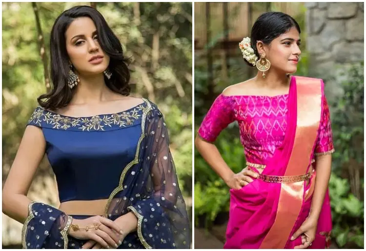 fuchsia pure katan silk saree with power shoulder blouse Design by Neha &  Tarun at Modvey | Modvey