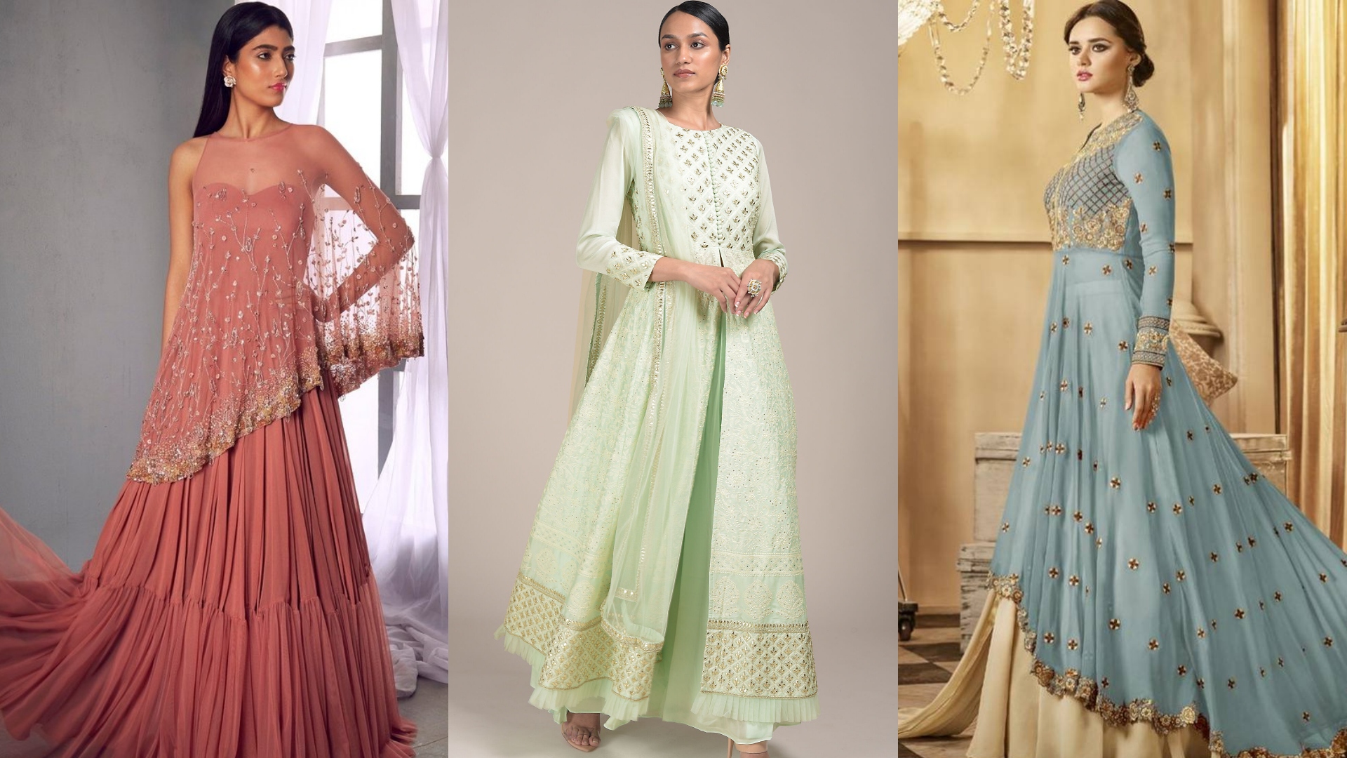 Dull Khaki Designer Heavy Embroidered Net Wedding Anarkali Gown | Saira's  Boutique