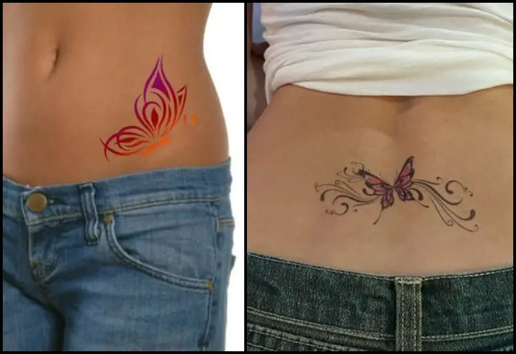 Black And Pink Butterfly Tattoo On Lower Back