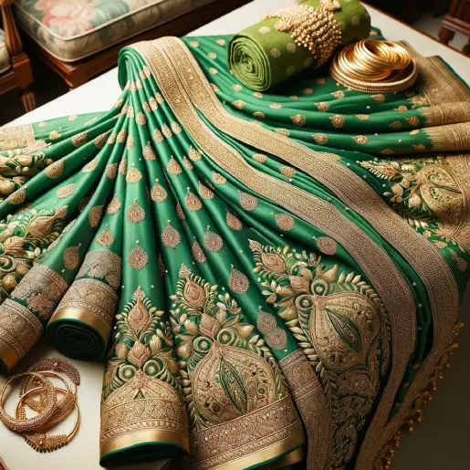 Priti's Fashion - Green Bridal Saree, With Blouse Piece