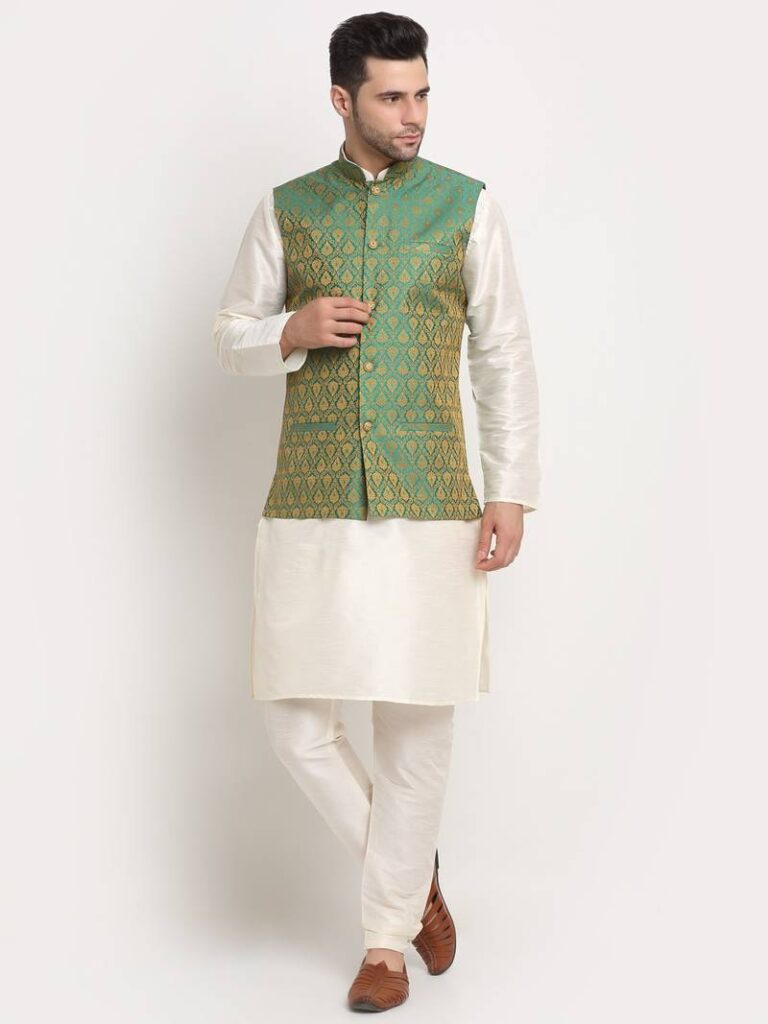 Cream Silk Blend Kurta And Churidar With Jacquard Green Nehru Jacket