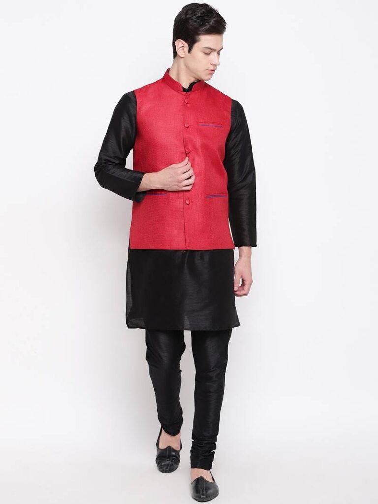 black and red kurta jacket set