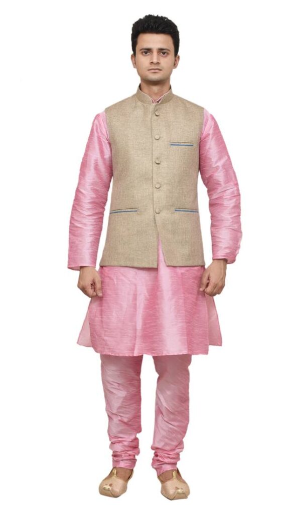 Pink Silk Kurta Churidhar With Coffee Jacket set