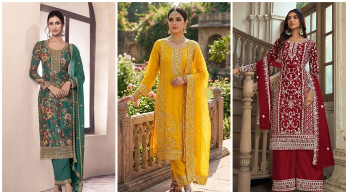 How The Right Salwar Kameez Shades Elevate Your Confidence women wearing green yellow and red salwar kameez showing how colors influence confidence and style